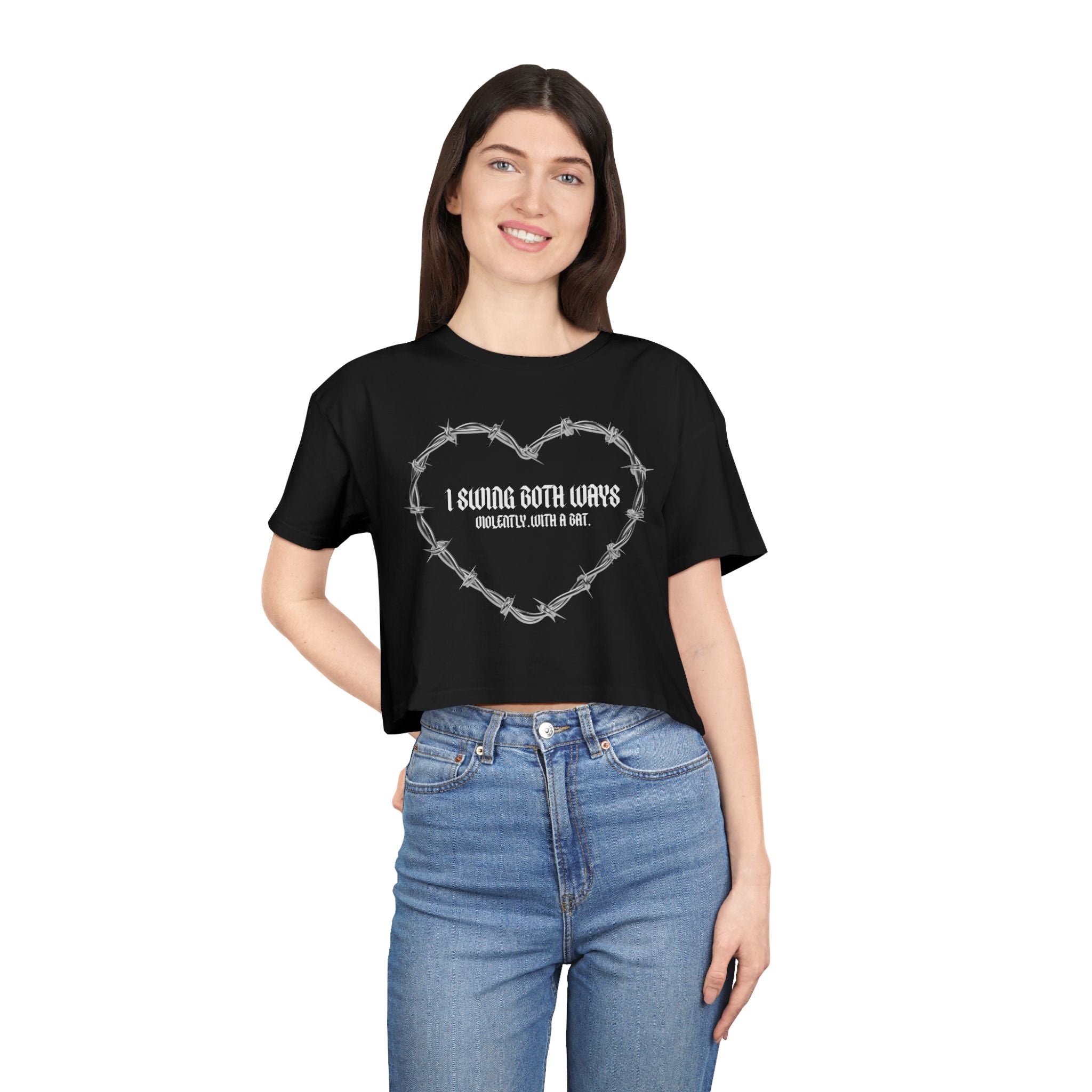 Women's Crop Tee — "I Swing Both Ways" Barbed Wire Heart Graphic Top