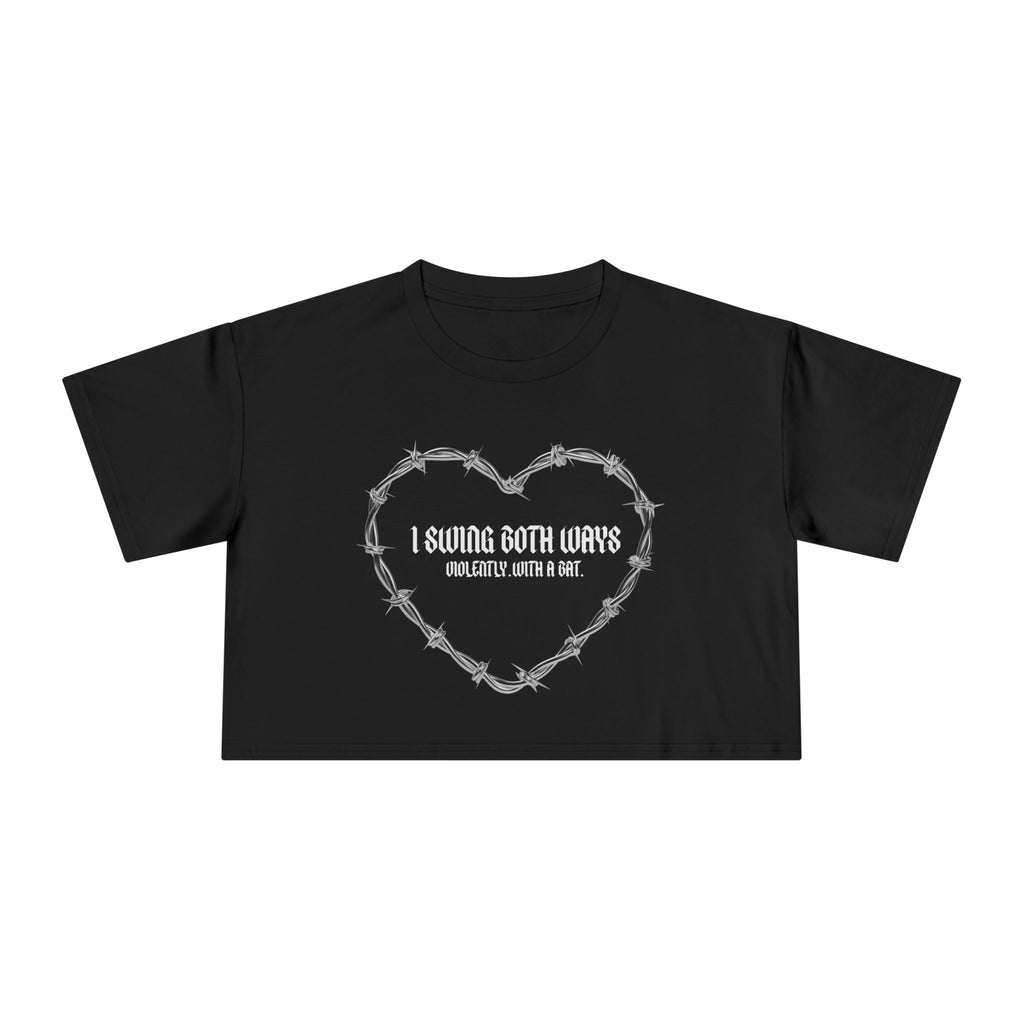 Women's Crop Tee — "I Swing Both Ways" Barbed Wire Heart Graphic Top