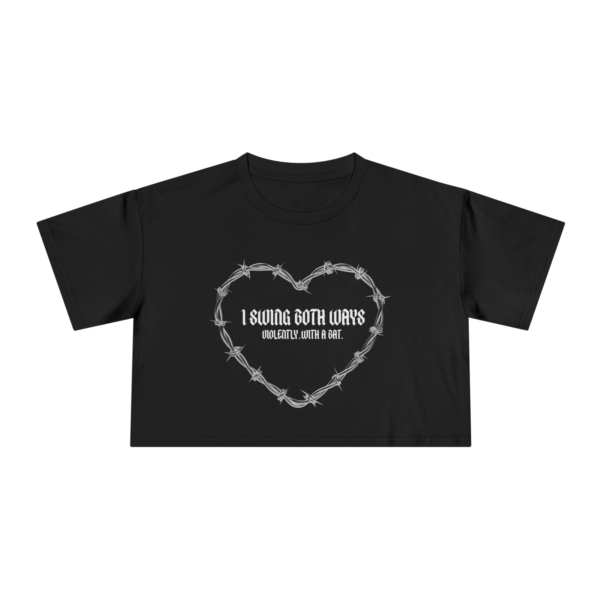 Women's Crop Tee — "I Swing Both Ways" Barbed Wire Heart Graphic Top