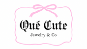 Logo of 'Que Cute Jewelry & Co' with a pink bow on a white background